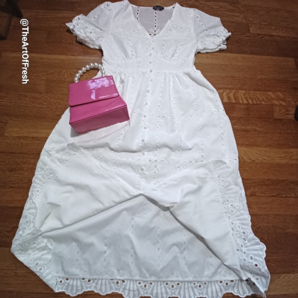 SIMPLEE Puff Sleeve Split Hem Gorgeous White Schiffy Dress - Picture 2 of 14